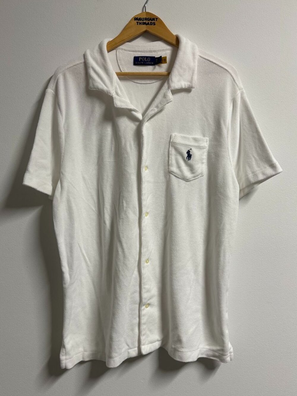 Polo Ralph Lauren Button Up Terry Camp Shirt White Towel Material Pony Logo Mens